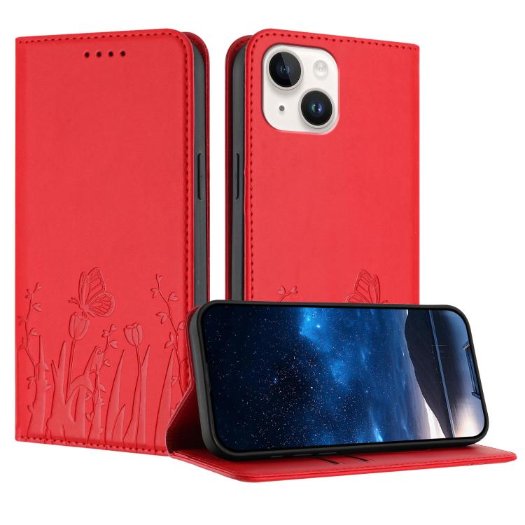Custodia magnetica per telefono in ecopelle con motivo tulipani e farfalle., For iPhone 15, For iPhone 14 Plus