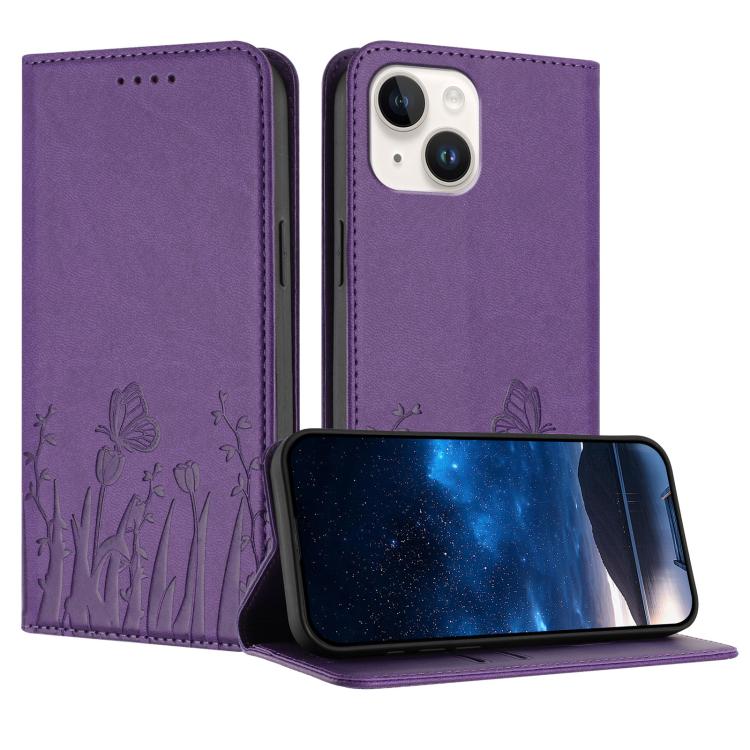 Custodia magnetica per telefono in ecopelle con motivo tulipani e farfalle., For iPhone 15, For iPhone 14 Plus