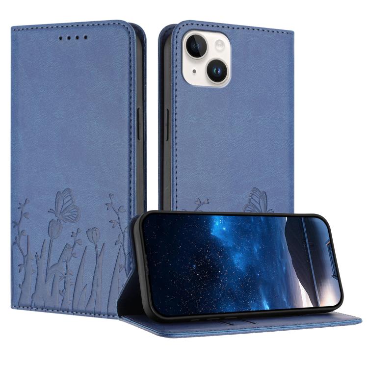 Custodia magnetica per telefono in ecopelle con motivo tulipani e farfalle., For iPhone 15, For iPhone 14 Plus