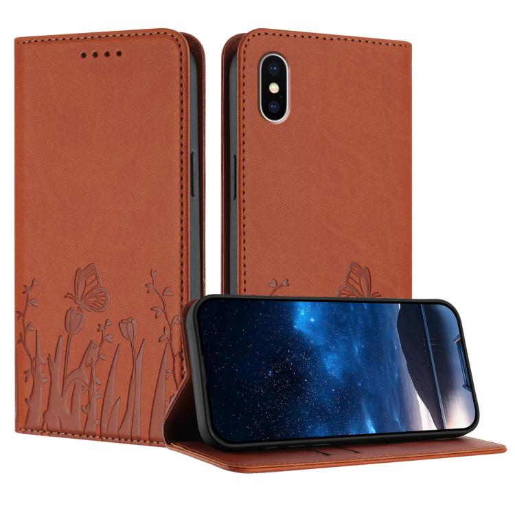 Custodia magnetica per telefono in ecopelle con motivo tulipani e farfalle., For iPhone X / XS, For iPhone XS Max