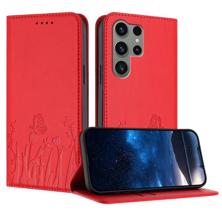 Custodia magnetica in ecopelle con motivo tulipani e farfalle per Samsung Galaxy