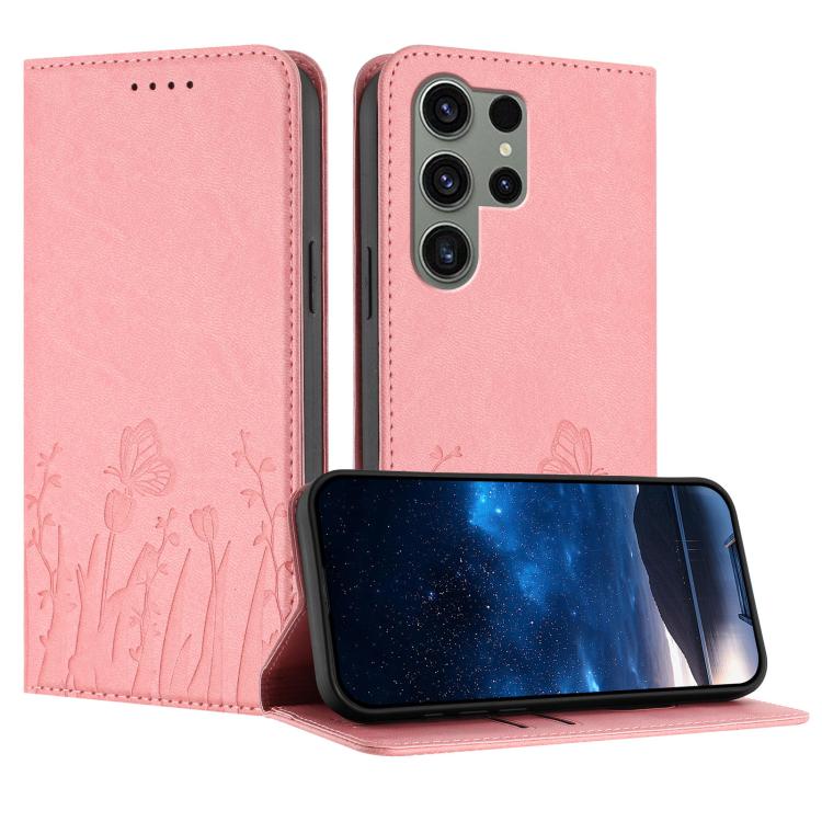 Custodia magnetica in ecopelle con motivo tulipani e farfalle per Samsung Galaxy