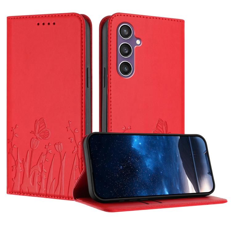 Custodia magnetica in ecopelle con motivo tulipani e farfalle per Samsung Galaxy