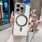 Custodia magnetica per telefono in acrilico trasparente galvanizzato con strass e cordino a tracolla sul lato destro., For iPhone 16 Pro Max, For iPhone 16 Pro, For iPhone 16 Plus, For iPhone 16