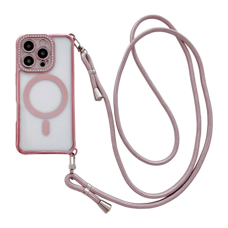 Custodia magnetica per telefono in acrilico trasparente galvanizzato con strass e cordino a tracolla sul lato destro., For iPhone 16 Pro Max, For iPhone 16 Pro, For iPhone 16 Plus, For iPhone 16