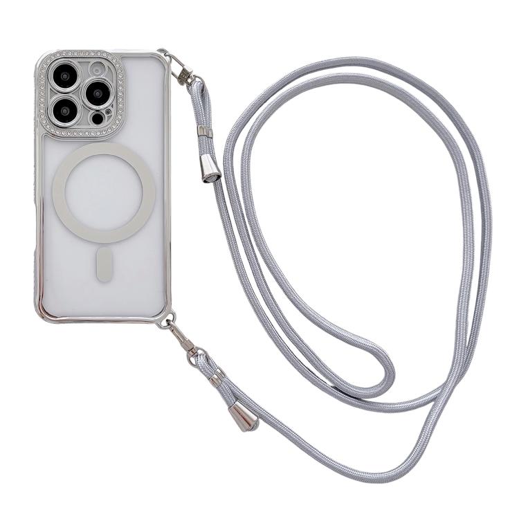 Custodia magnetica per telefono in acrilico trasparente galvanizzato con strass e cordino a tracolla sul lato destro., For iPhone 16 Pro Max, For iPhone 16 Pro, For iPhone 16 Plus, For iPhone 16