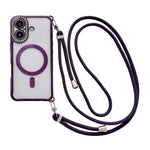 Custodia magnetica per telefono in acrilico trasparente galvanizzato con strass e cordino a tracolla sul lato destro., For iPhone 16 Pro Max, For iPhone 16 Pro, For iPhone 16 Plus, For iPhone 16