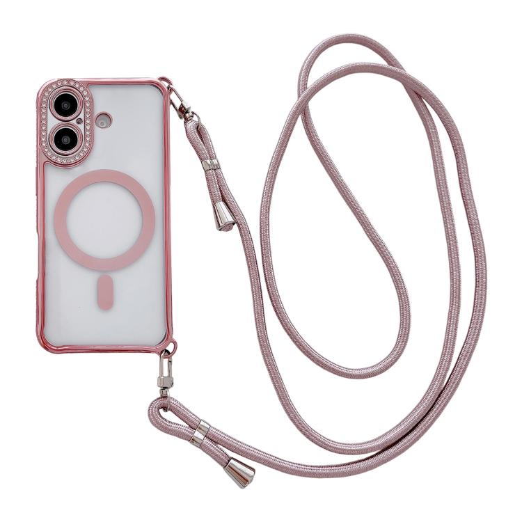 Custodia magnetica per telefono in acrilico trasparente galvanizzato con strass e cordino a tracolla sul lato destro., For iPhone 16 Pro Max, For iPhone 16 Pro, For iPhone 16 Plus, For iPhone 16