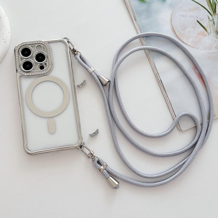 Custodia magnetica per telefono in acrilico trasparente galvanizzato con strass e cordino a tracolla sul lato destro., For iPhone 14 / 13, For iPhone 14 Pro, For iPhone 14 Pro Max, For iPhone 13 Pro Max