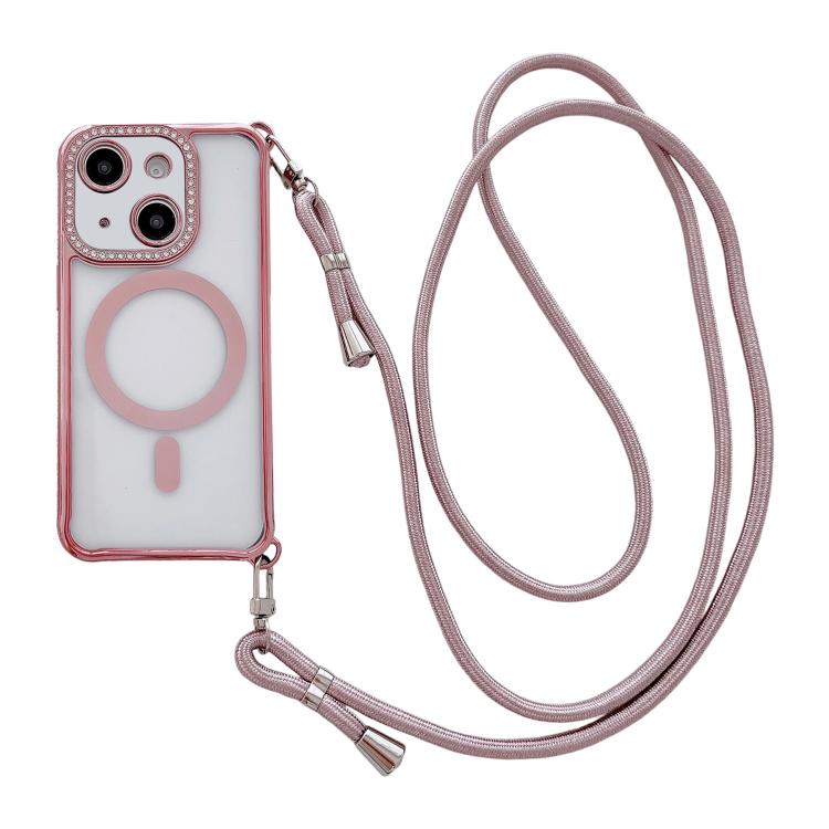 Custodia magnetica per telefono in acrilico trasparente galvanizzato con strass e cordino a tracolla sul lato destro., For iPhone 14 / 13, For iPhone 14 Pro, For iPhone 14 Pro Max, For iPhone 13 Pro Max