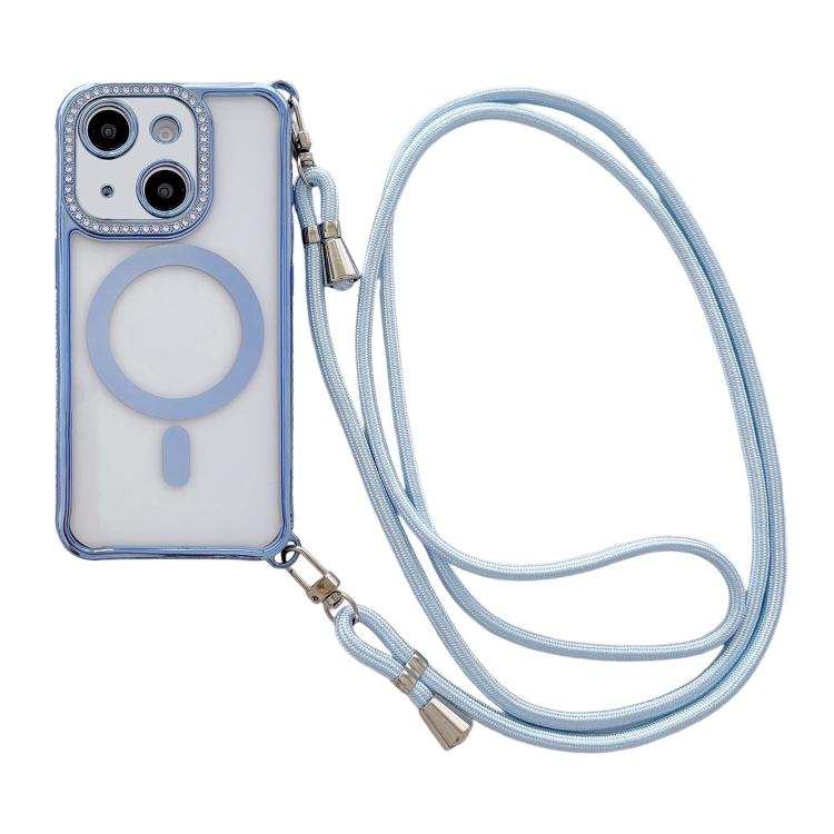 Custodia magnetica per telefono in acrilico trasparente galvanizzato con strass e cordino a tracolla sul lato destro., For iPhone 14 / 13, For iPhone 14 Pro, For iPhone 14 Pro Max, For iPhone 13 Pro Max