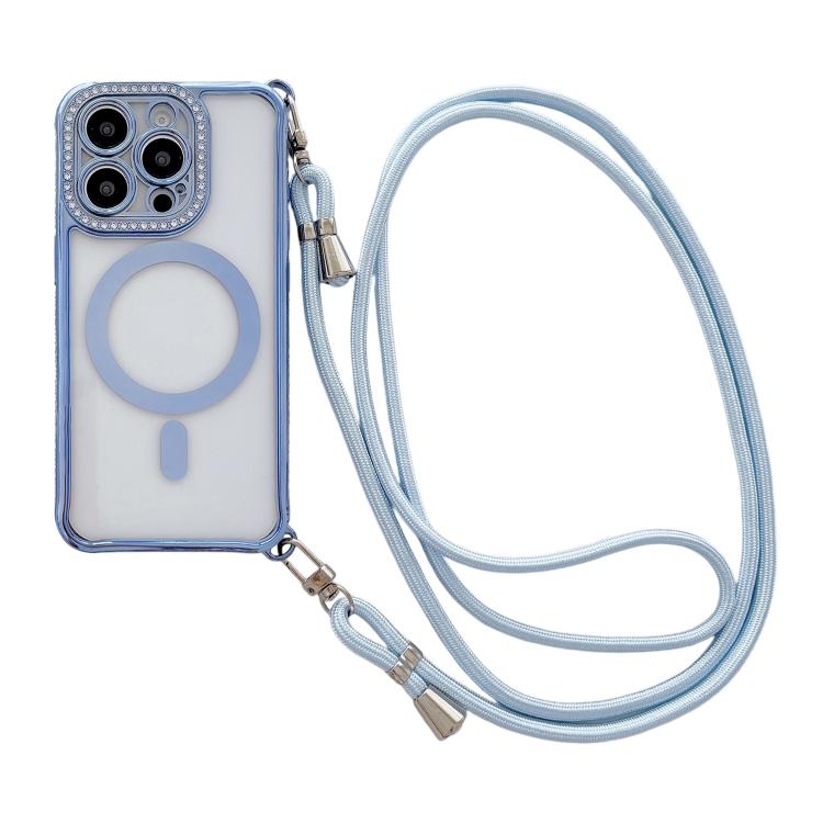 Custodia magnetica per telefono in acrilico trasparente galvanizzato con strass e cordino a tracolla sul lato destro., For iPhone 14 / 13, For iPhone 14 Pro, For iPhone 14 Pro Max, For iPhone 13 Pro Max