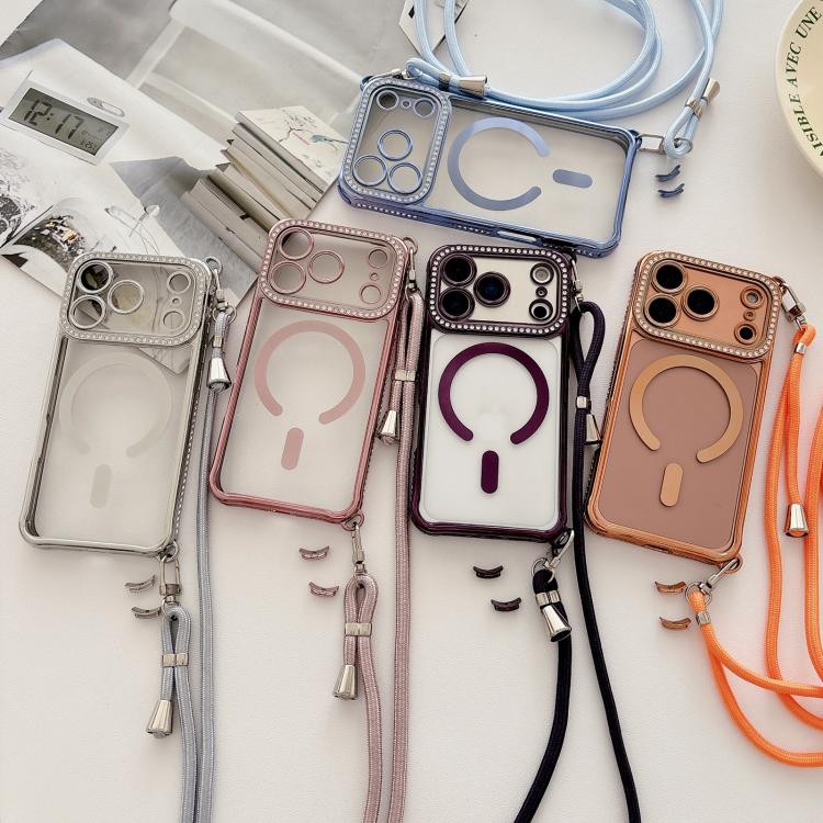 Custodia magnetica per telefono in acrilico trasparente galvanizzato con strass e cordino a tracolla sul lato destro., For iPhone 16 Pro Max, For iPhone 16 Pro, For iPhone 16 Plus, For iPhone 16