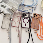Custodia magnetica per telefono in acrilico trasparente galvanizzato con strass e cordino a tracolla sul lato destro., For iPhone 14 / 13, For iPhone 14 Pro, For iPhone 14 Pro Max, For iPhone 13 Pro Max