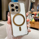 Custodia magnetica per telefono in acrilico trasparente galvanizzato con strass, For iPhone 15 Pro Max, For iPhone 15 Pro, For iPhone 15 Plus / 14 Plus, For iPhone 15