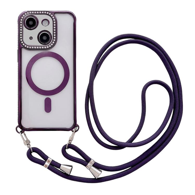 Custodia magnetica per telefono in acrilico trasparente galvanizzato con strass e cordino da collo., For iPhone 14 / 13, For iPhone 14 Pro, For iPhone 14 Pro Max, For iPhone 13 Pro Max