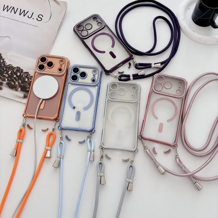 Custodia magnetica per telefono in acrilico trasparente galvanizzato con strass e cordino da collo., For iPhone 14 / 13, For iPhone 14 Pro, For iPhone 14 Pro Max, For iPhone 13 Pro Max