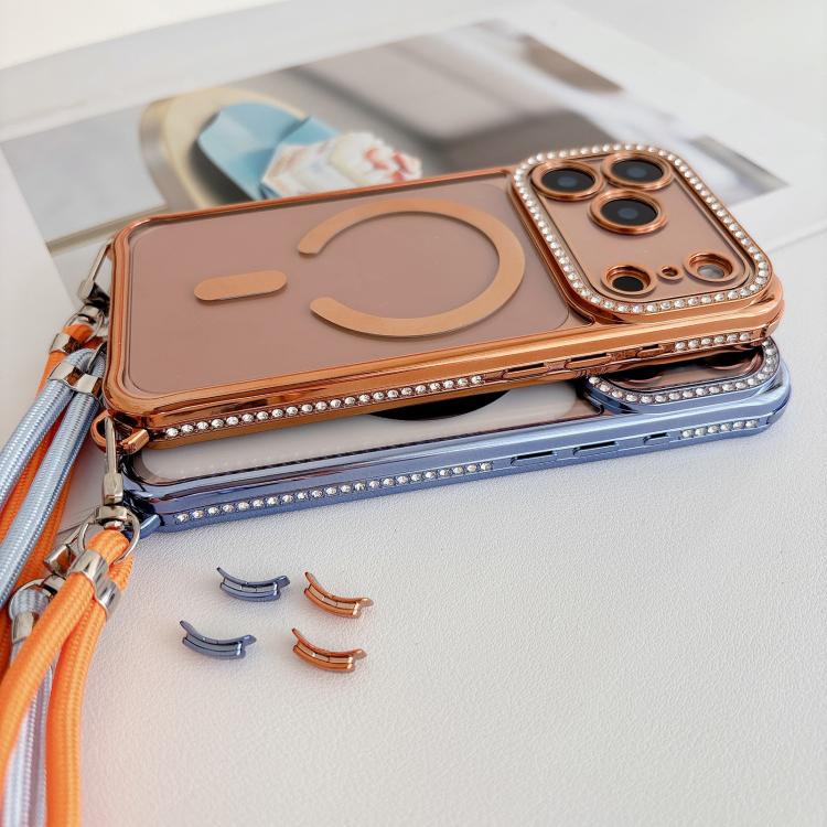 Custodia magnetica per telefono in acrilico trasparente galvanizzato con strass e cordino da collo., For iPhone 13 Pro