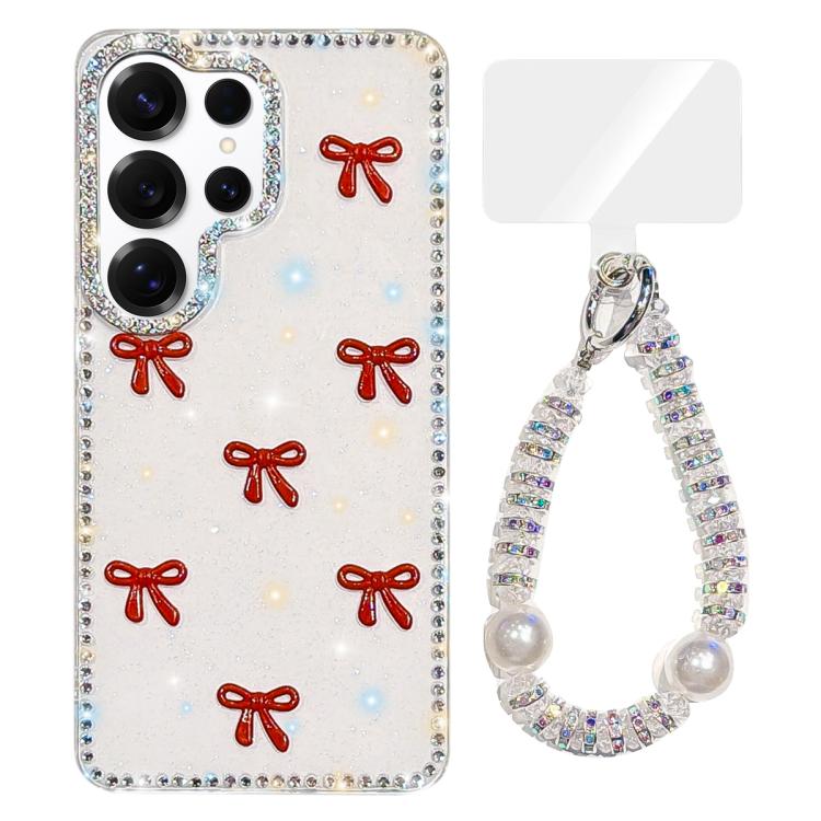 Custodia IMD con fiocco colorato scintillante e bracciale per Samsung Galaxy S25