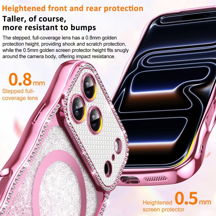 Custodia per telefono magnetica in TPU con glitter e cornice ondulata a forma di stella e diamante elettroplaccato., For iPhone 16 Pro, For iPhone 16