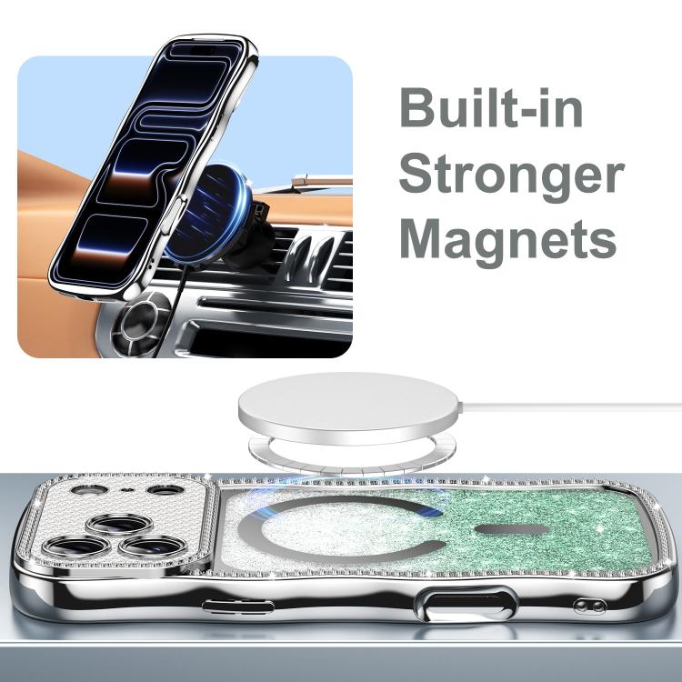Custodia per telefono magnetica in TPU con glitter e cornice ondulata a forma di stella e diamante elettroplaccato., For iPhone 16 Pro, For iPhone 16