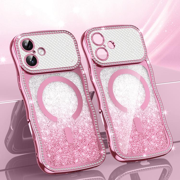 Custodia per telefono magnetica in TPU con glitter e cornice ondulata a forma di stella e diamante elettroplaccato., For iPhone 16 Pro, For iPhone 16