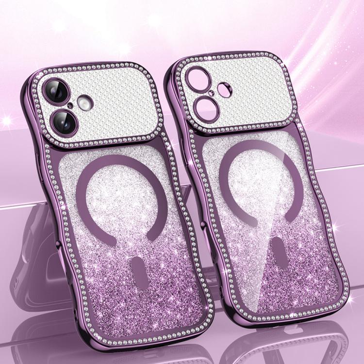 Custodia per telefono magnetica in TPU con glitter e cornice ondulata a forma di stella e diamante elettroplaccato., For iPhone 16 Pro, For iPhone 16