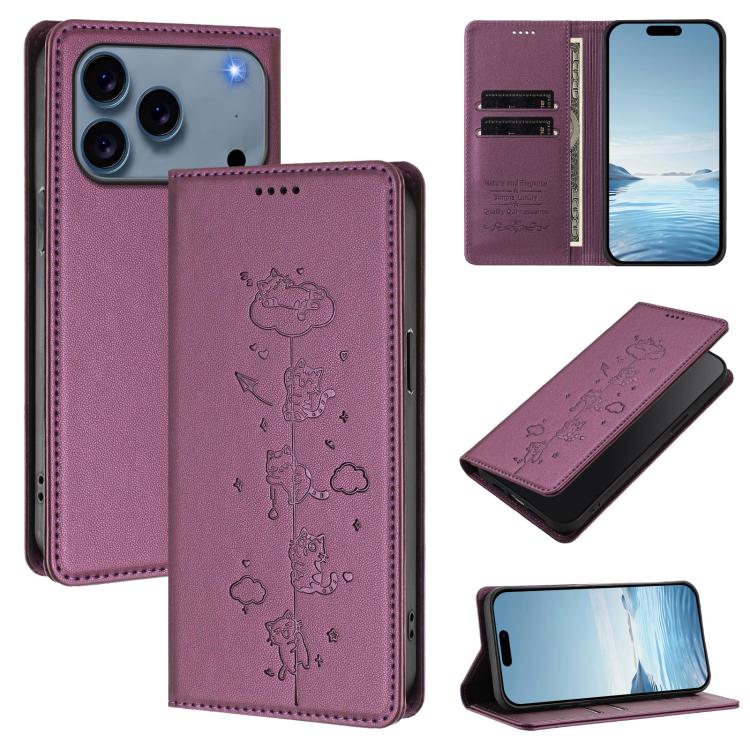 Custodia per telefono in ecopelle con protezione RFID magnetica e stampa a rilievo di simpatici gattini., For iPhone 17e / 16e, For iPhone 17 Pro Max