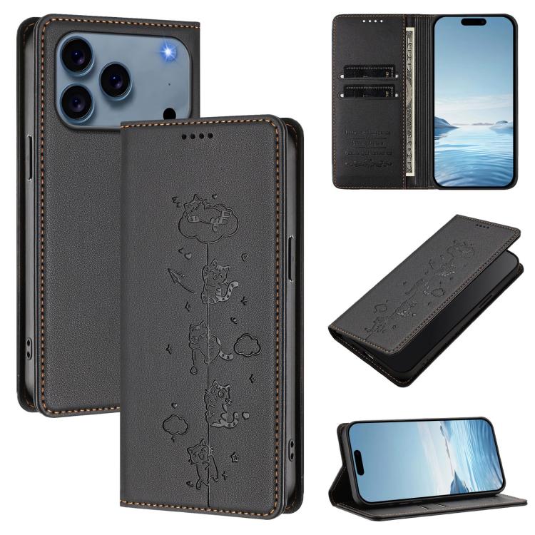 Custodia per telefono in ecopelle con protezione RFID magnetica e stampa a rilievo di simpatici gattini., For iPhone 17e / 16e, For iPhone 17 Pro Max
