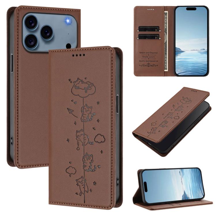 Custodia per telefono in ecopelle con protezione RFID magnetica e stampa a rilievo di simpatici gattini., For iPhone 17e / 16e, For iPhone 17 Pro Max
