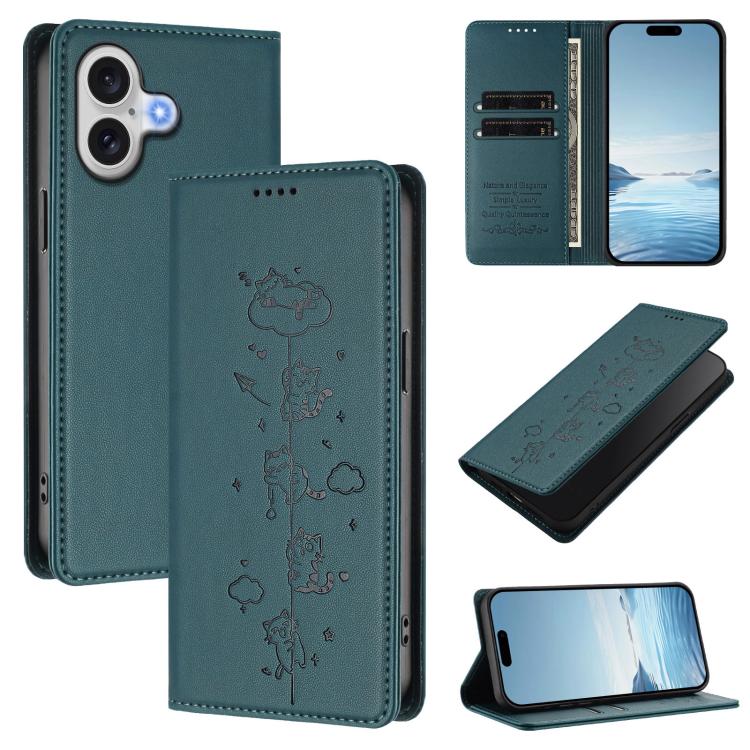 Custodia per telefono in ecopelle con protezione RFID magnetica e stampa a rilievo di simpatici gattini., For iPhone 17 Pro, For iPhone 17
