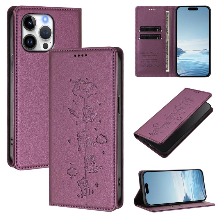 Custodia per telefono in ecopelle con protezione RFID magnetica e stampa a rilievo di simpatici gattini., For iPhone Air, For iPhone 16 Pro Max