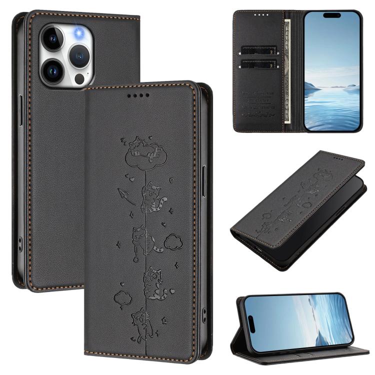 Custodia per telefono in ecopelle con protezione RFID magnetica e stampa a rilievo di simpatici gattini., For iPhone 16, For iPhone 15 Pro Max