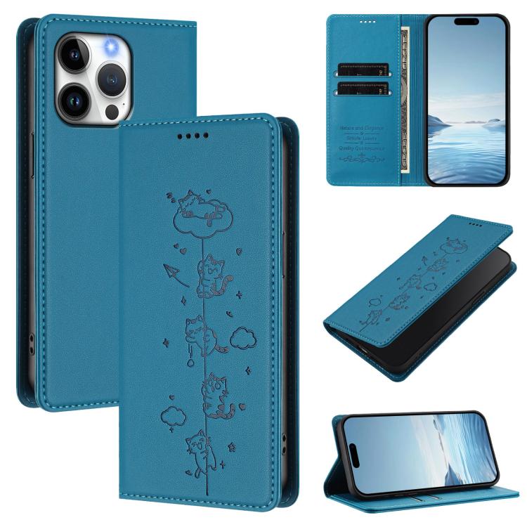 Custodia per telefono in ecopelle con protezione RFID magnetica e stampa a rilievo di simpatici gattini., For iPhone 16, For iPhone 15 Pro Max
