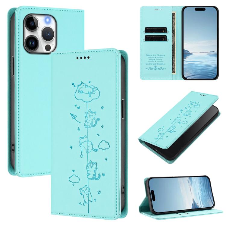 Custodia per telefono in ecopelle con protezione RFID magnetica e stampa a rilievo di simpatici gattini., For iPhone 15 Pro, For iPhone 15 Plus