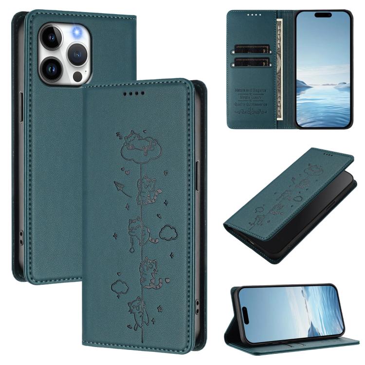 Custodia per telefono in ecopelle con protezione RFID magnetica e stampa a rilievo di simpatici gattini., For iPhone 15 Pro, For iPhone 15 Plus