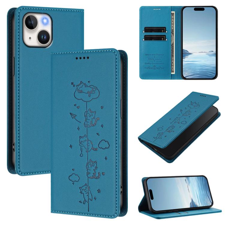 Custodia per telefono in ecopelle con protezione RFID magnetica e stampa a rilievo di simpatici gattini., For iPhone 15 Pro, For iPhone 15 Plus