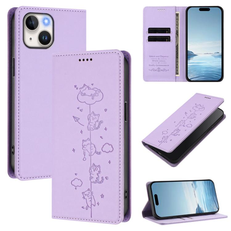 Custodia per telefono in ecopelle con protezione RFID magnetica e stampa a rilievo di simpatici gattini., For iPhone 15 Pro, For iPhone 15 Plus