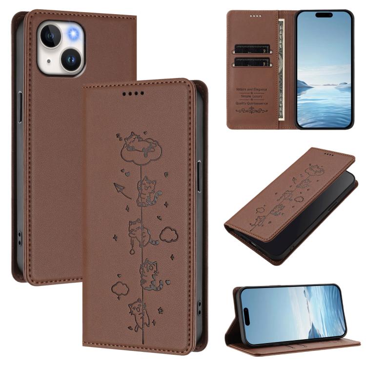 Custodia per telefono in ecopelle con protezione RFID magnetica e stampa a rilievo di simpatici gattini., For iPhone 15 Pro, For iPhone 15 Plus