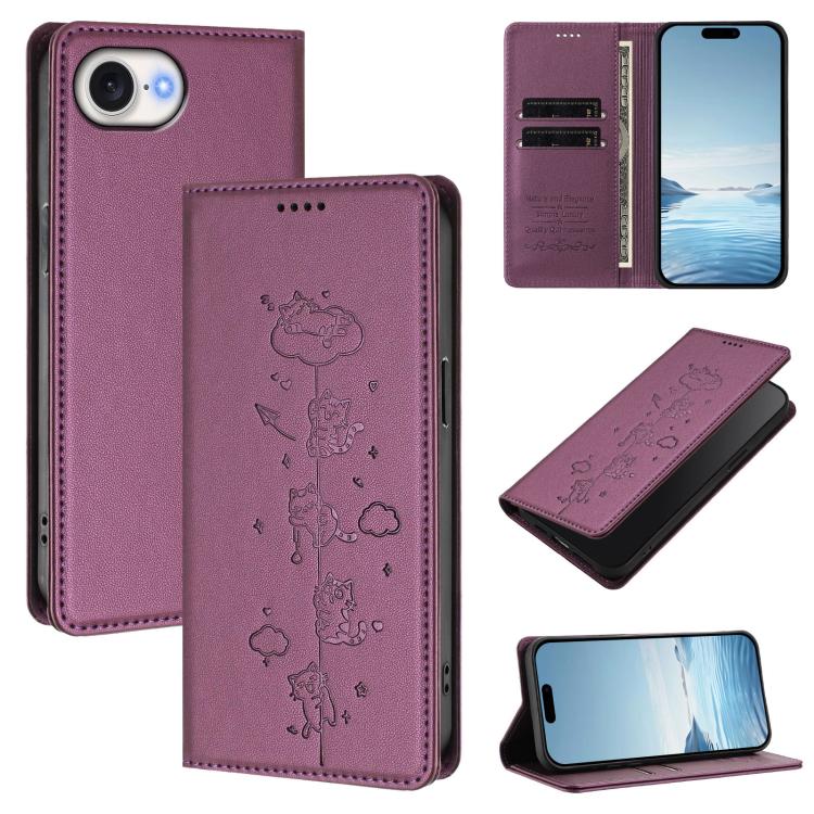 Custodia per telefono in ecopelle con protezione RFID magnetica e stampa a rilievo di simpatici gattini., For iPhone 17 Pro, For iPhone 17