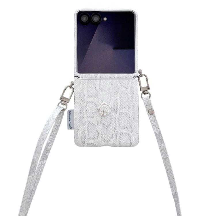 Custodia texture a squame con motivo camelia e tracolla per Samsung Galaxy Z