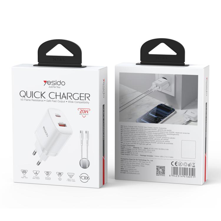Set caricabatterie Yesido YC106 doppia porta USB-C e USB-A