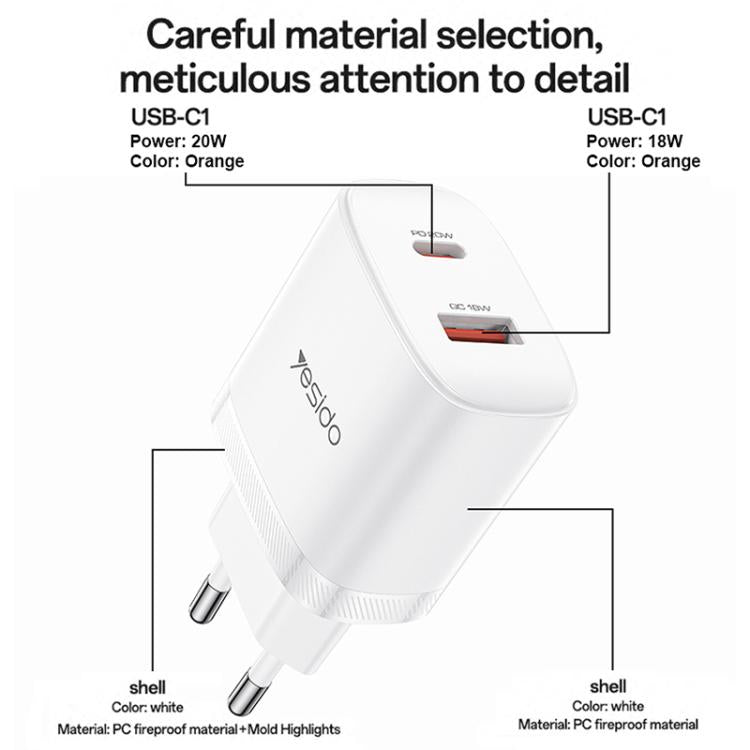 Set caricabatterie Yesido YC106 doppia porta USB-C e USB-A
