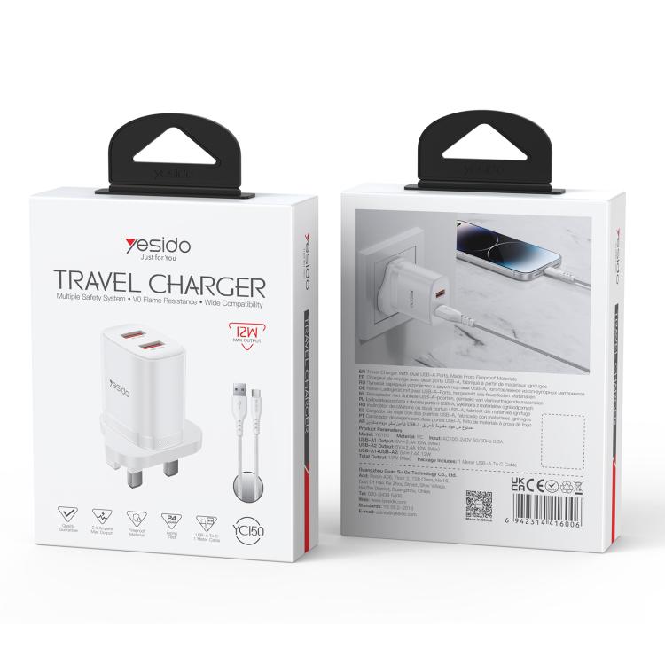 Set caricabatterie Yesido YC150 12W doppia USB con cavo Type-C