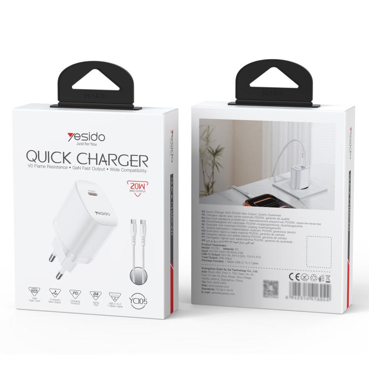 Set caricabatterie Yesido YC105 PD20W con cavo Type-C 1 m