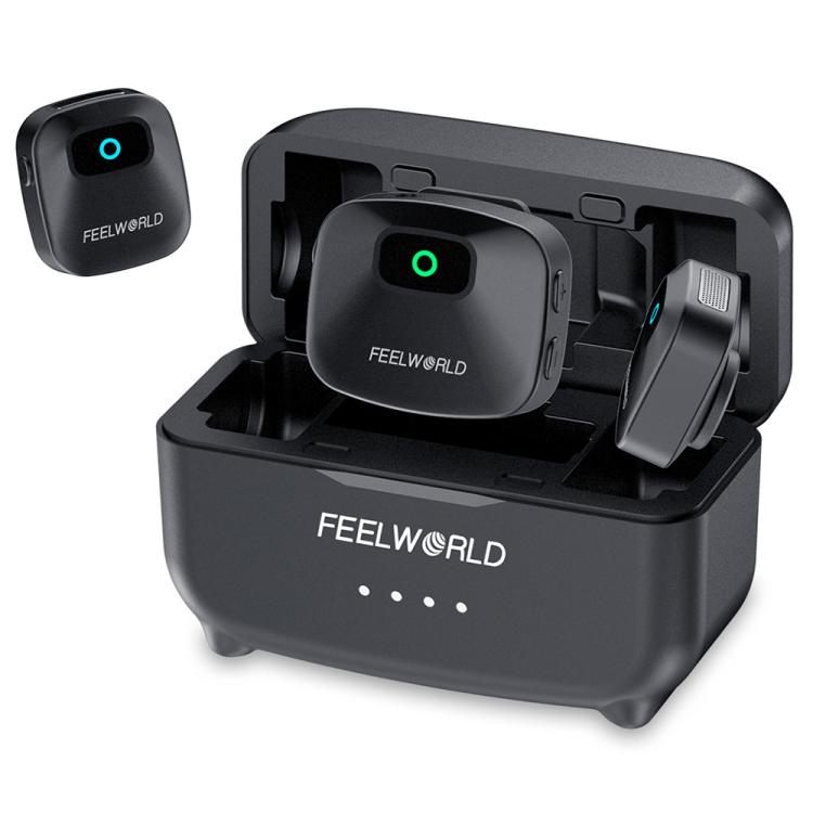 Microfono lavalier wireless FEELWORLD LM1 per telefono, computer e fotocamera, 2 trasmettitori + 1 ricevitore + custodia di ricarica