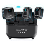 Microfono lavalier wireless FEELWORLD LM1 per telefono, computer e fotocamera, 2 trasmettitori + 1 ricevitore + custodia di ricarica