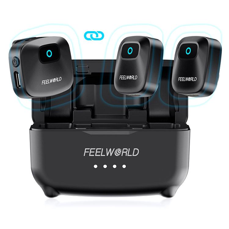 Microfono lavalier wireless FEELWORLD LM1 per telefono, computer e fotocamera, 2 trasmettitori + 1 ricevitore + custodia di ricarica