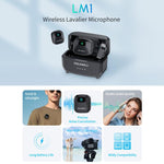 Microfono lavalier wireless FEELWORLD LM1 per telefono, computer e fotocamera, 2 trasmettitori + 1 ricevitore + custodia di ricarica