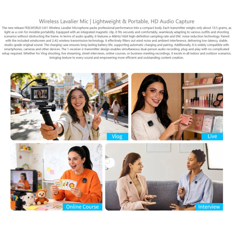 Microfono lavalier wireless FEELWORLD LM1 per telefono, computer e fotocamera, 2 trasmettitori + 1 ricevitore + custodia di ricarica